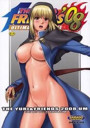 blonde_hair blue_eyes breasts censored goeniko goenitz highres king_of_fighters large_breasts leopold_goenitz nude open_clothes open_shirt pussy rule_63 saigado shirt snk wind