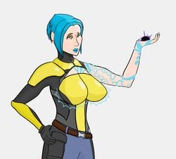 absurd_res blue_hair borderlands borderlands_2 breast_expansion maya_(borderlands) mudamura tattoos yellow_eyes