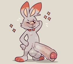 1boy big_penis erection furry humanoid_penis lagomorph male male_only mammal nintendo penis pokémon_(species) pokemon pokemon_ss scorbunny simple_background small_but_hung solo tehweenus testicles video_games