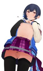 bar_censor belly beltskirt black_hair black_legwear blush breasts censored fat_mons female frills gluteal_fold groin hair_bun heart highres idolmaster idolmaster_shiny_colors irogomi jacket lifted_by_self looking_at_viewer mole_on_pussy morino_rinze navel nipples no_panties no_panties_under_skirt open_clothes open_jacket pubic_hair purple_belt purple_skirt red_eyes shirt_lift simple_background skirt sleeves_past_wrists small_breasts solo sweat thighhighs white_background