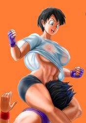 1girls athletic_female big_breasts black_hair blue_eyes breasts cigma clenched_hands clothes clothing curvy curvy_female dragon_ball dragon_ball_z face_in_crotch female fingerless_gloves hips large_breasts legs_around_head looking_at_another midriff muscular_thighs navel nipples nipples_visible_through_clothing no_bra no_underwear open_mouth orange_background see-through see-through_clothing shirt short_hair shounen_jump smile son_gohan spats stomach straight sweat tagme thick_thighs tomboy videl wet_clothes white_shirt