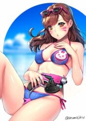 1girls aruma_jiki bikini brown_eyes brown_hair d.va female female_only glasses gun legs looking_at_viewer overwatch pistol solo swimsuit weapon