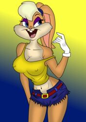 2018 4_fingers a-fitzga absurd_res anthro belt big_breasts blonde_hair blue_eyes breasts buckteeth cameltoe cleavage clothed clothing denim_shorts eyelashes eyeshadow female floppy_ears gloves gradient_background hair hairband hi_res lagomorph lola_bunny looney_tunes makeup mammal midriff navel nipple_bulge open_mouth open_smile pink_nose pokies rabbit shirt short_hair shorts simple_background smile solo tank_top teeth tongue torn_clothes warner_brothers