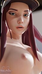 1girls 3d akali alternate_costume areolae artist_name big_breasts blender blue_eyes breasts cap close-up highres k/da_akali k/da_series league_of_legends looking_at_viewer makeup nekoanimo nude open_mouth pink_lips purple_hair solo white_skin