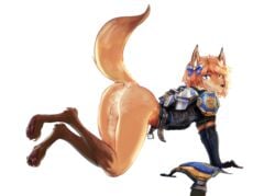 2019 absurd_res all_fours arm_warmers armor armwear balls bedroom_eyes belt bottomless canid canine clothed clothing digitigrade discarded_clothing fox girly hair_ribbon half-closed_eyes hi_res jet_pack male mammal owo pawpads penis planetside_2 raised_tail ribbons seductive shockwave98 shoulder_pads vest