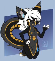 2019 android anthro black_fur breasts domestic_cat felid feline felis female fur hair mammal orange_eyes orange_fur original pussy reign-2004 solo warning_(fluff-kevlar) white_hair