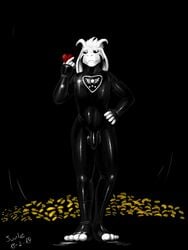 1boy 2d anthro anthro_male anthro_only asriel_dreemurr black_sclera bodysuit caprine clothing flower furry furry_male furry_only heart horn humanoid humanoid_male humanoid_only male male_only mammal mammal_humanoid penis plant rubber solo suule tight_clothing undertale undertale_(series) video_games