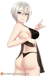 1girls aslindsamure ass black_eyes black_panties breasts female from_behind hair_between_eyes highres idolmaster idolmaster_cinderella_girls large_breasts lifted_by_self looking_at_viewer looking_back negligee nightgown panties shiny shiny_hair shiomi_shuuko short_hair silver_hair simple_background solo thong underwear white_background