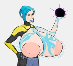 absurd_res blue_hair borderlands borderlands_2 breast_expansion huge_breasts inverted_nipples large_areolae maya_(borderlands) mudamura puffy_nipples tattoos yellow_eyes