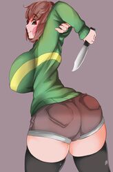 1girls 2d ass big_ass big_breasts booty_shorts brown_eyes brown_hair censored chara clothed female female_only fully_clothed huge_breasts human human_female human_only knife large_breasts looking_at_viewer looking_back ratetaso rosy_cheeks smile solo solo_focus thick_thighs thighhighs thighs undertale undertale_(series) zettai_ryouiki