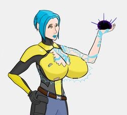 absurd_res blue_hair borderlands borderlands_2 breast_expansion clothes_ripping huge_breasts maya_(borderlands) mudamura tight_clothing yellow_eyes