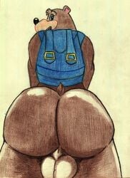 ass backpack balls banjo-kazooie banjo_(banjo-kazooie) big_balls big_butt blue_eyes brown_fur crazy_company fur looking_back male male_only mammal nude rareware simple_background smile solo ursid video_games