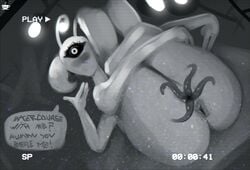 1_eye 2019 4_arms alien antennae anus ass big_butt black_sclera blush bzeh camera_view crotch_tentacles dialogue english_text eyelashes female female_focus greyscale holding_legs humanoid inside legs_up looking_at_viewer lying monochrome mouthless multi_arm multi_limb nude octopussy on_back presenting presenting_pussy pussy recording solo solo_focus tentacle text unusual_pussy