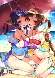 2girls :d ahoge asymmetrical_docking azur_lane bandeau bangs bare_legs bare_shoulders beach beach_mat beach_umbrella beachball bikini black_choker blue_jacket blue_sky blush breast-to-breast breast_press breasts brown_hair cheek-to-cheek choker clavicle cloud day dragon_empery_(azur_lane) duo eyebrows_visible_through_hair eyewear_on_head feet_out_of_frame female food fur-trimmed_jacket fur_trim gloves groin hair_rings halterneck hand_up high_resolution holding holding_food holding_object ice_cream jacket large_breasts legs light-skinned_female light_skin long_hair long_sleeves looking_at_viewer mirei multiple_girls navel ning_hai_(azur_lane) ning_hai_(summer_hunger)_(azur_lane) o-ring o-ring_bikini ocean off_shoulder open_clothes open_jacket open_mouth outdoors ping_hai_(azur_lane) ping_hai_(summer_vacation)_(azur_lane) popsicle purple_bikini purple_eyes purple_gloves purple_hair red_eyes red_gloves sandals side-tie_bikini sidelocks sitting sky small_breasts smile stomach stuffed_animal stuffed_panda stuffed_toy sunglasses sunglasses_on_head sweat swimsuit thighs tied_hair twintails umbrella very_long_hair visor_cap wariza yellow_jacket