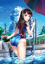 1girls ass big_ass big_butt brown_eyes brown_hair butt d.va female female_only getting_out_of_pool looking_back overwatch pool sannio solo swimming_pool water wet