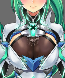 1girls armor blush bodystocking breastplate breasts cleavage clothes_writing earrings ereraero female glowing green_hair grey_background head_out_of_frame highres jewelry large_breasts lips long_hair nintendo pneuma_(xenoblade) ponytail shiny sidelocks simple_background solo spoilers upper_body xenoblade_(series) xenoblade_chronicles_2