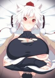 animal_ears animated areola big_penis blush blushing breasts buckethead_ero censored crossed_arms huge_breasts momiji_inubashiri nipple nipple_slip paizuri paizuri_under_clothes penis pov red_eyes short_hair torn_clothes touhou