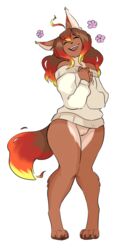 2018 ahoge animal_ears anthro anthro_only ass bare_shoulders black_sclera blush bottomless breasts brown_fur brown_hair brown_tail canid canine canis caradhina closed_legs cosmicminerals digitigrade dipstick_tail ears embers female fire fire_hair flower fluffy_tail fox fox_tail fur furry gradient_hair happy highres knees_together_feet_apart larroqm long_hair looking_at_viewer mammal no_humans no_panties no_pants open_mouth paws plant pussy simple_background smile smiling solo subtle_pussy sweater tan_fur two_tone_hair wolf