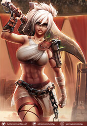 1girls abs background brown_eyes chains clothed clothing female female_only league_of_legends light-skinned_female lips looking_at_viewer luminyu makeup muscle muscles muscular muscular_female navel open_eyes riot_games riven scar short_hair sideboob solo solo_focus sword text thick_thighs url watermark weapon white_hair wide_hips