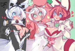 :> :< ahoge blue_eyes bob_cut breasts cleavage clover collar cute dress elphelt_valentine four-leaf_clover guilty_gear guilty_gear_strive guilty_gear_xrd hairband huge_ahoge jacket large_breasts looking_at_viewer multiple_persona open_mouth pink_hair pink_hairband pink_jacket plutonium_(artist) smile spiked_collar spiked_hairband spiked_jacket spikes teeth upper_teeth_only white_hair