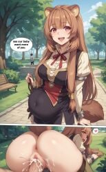 1girls ai_generated belly_bulge bulge comic cum cute english_text happy happy_sex park public_sex racoon_girl raphtalia rengoart tate_no_yuusha_no_nariagari text text_bubble the_rising_of_the_shield_hero trees