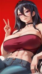 ai_generated bandeau bare_shoulders big_breasts breasts choker cleavage close-up collarbone firm_breasts from_below glasses huge_breasts jeans kimishima_ayano large_breasts looking_at_viewer midriff navel_piercing peace_sign portrait red_background round_breasts seducing seduction seductive seductive_body seductive_eyes seductive_gaze seductive_look seductive_mouth seductive_pose seductive_smile shiny shiny_body shiny_breasts shiny_clothes shiny_hair shiny_skin sitting sky4maleja smile tokidoki_bosotto_russian_de_dereru_tonari_no_alya-san toned_stomach upper_body waist