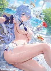 1girls :o ass_visible_through_thighs beach_chair bikini cake chestnut_mouth drink food gloves holding_glass honkai:_star_rail large_ass large_breasts large_thighs lying_on_side robin_(honkai:_star_rail) swimming_pool thick_thighs wet_body wide_hips