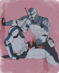 2boys 2males abstract_background armor background captain_rex clone_trooper clone_wars color commander_wolffe faceless faceless_male gloved_handjob hand_on_wall helmet leaning_forward looking_at_penis looking_down male male_only mutual_handjob pencilbrusch penis pink_background precum sitting_on_bed star_wars star_wars:_the_clone_wars testicles yaoi