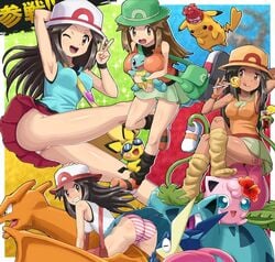 4girls alternate_color alternate_costume charizard greninja human human_only ivysaur jigglypuff leaf_(pokemon) multiple_girls nintendo panties pichu pikachu pokemoa pokemon pokemon_(species) satchel squirtle strap_between_breasts super_smash_bros. thighs upskirt