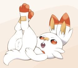 2019 ass female feral fur furry furry_only hi_res lagomorph looking_at_viewer mammal nintendo nude open_mouth pokémon_(species) pokemon presenting presenting_pussy pussy sadieyule scorbunny simple_background solo tail video_games white_fur