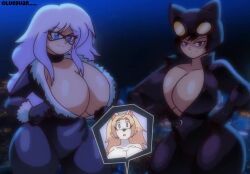 3girls animated anthro anthrofied areolae artist_name batman_(series) big_breasts black_cat_(marvel) black_hair blonde_hair blue_eyes bodysuit breasts bursting_breasts catwoman dc_comics felicia_hardy female hips huge_breasts human large_breasts light-skinned_female light_skin lueduar lueduartv marvel marvel_comics mask massive_breasts nipples no_sound original_character seductive seductive_look selina_kyle short_playtime spider-man_(series) tagme thick unzipping video voluptuous voluptuous_female white_hair wide_hips