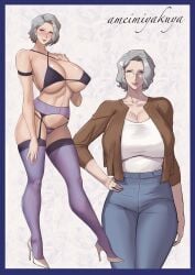 1girls absurd_res breasts clothed clothing earrings female female_only footwear gilf glasses grey_hair hi_res huge_breasts legwear long_hair looking_at_viewer lulu95402099 mature mature_female mature_woman milf original pubic_hair solo solo_female stockings thick_thighs thighhighs wide_hips