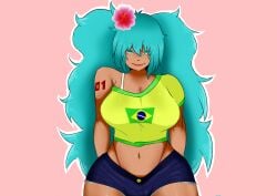 1girls 2024 2d 2d_(artwork) big_breasts blue_eyes blue_hair bra bra_strap bra_strap_down brazil brazilian brazilian_female brazilian_flag brazilian_miku clothed clothed_female clothing curvy curvy_figure dark-skinned_female dark_skin digital_drawing_(artwork) digital_media_(artwork) female female_focus female_only flower_in_hair gyaru hair_ornament hatsune_miku hips jean_shorts kogal large_breasts latin_american_hatsune_miku_(meme) latina lipstick long_hair looking_at_viewer meme micro_shorts no_dialogue short_shorts shorts simple_background solo solo_female solo_focus t-shirt tan tan_body tan_skin tanned tanned_female tanned_girl tanned_skin tattoo tattoo_on_arm tattooed_arm thick_hips thong_bikini vocaloid wide_hips