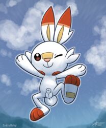 1boy 2019 3_toes animal_genitalia cloud cub feet fully_sheathed furry jumping looking_at_viewer male male_only nintendo one_eye_closed pokémon_(species) pokemon pokemon_ss scorbunny sheath signature simple_background smile solo testicles text toes video_games watermark white_fur white_sheath wink young zeklullaby