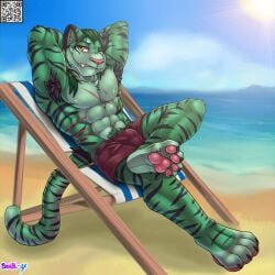 1:1 4_toes abdominal_scar abs anthro armpit_tuft bashbl-ux beach beach_chair black_claws black_stripes blurred_background bottomwear bulge cheek_tuft chest_scar chest_tuft chromatic_aberration claws clothed clothing day detailed_bulge digitigrade facial_tuft feet felid foot_on_knee fur green_body green_fur green_hair hair hands_behind_head hi_res looking_at_viewer male mammal muscular muscular_anthro muscular_male outside pantherine pawpads paws pecs pink_nose pink_pawpads pubes qr_code reclining relaxing scar sea shaded shorts shorts_only signature sitting sky soft_shading solo stripes sun tail teeth tiger toe_claws toes toothy_grin topless tsumi_(tsuminotora) tuft water yellow_eyes