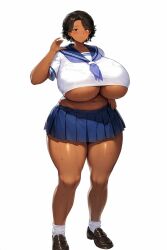 ai_generated belly belly_button big_breasts black_hair breasts breasts_bigger_than_head cleavage collarbone dark-skinned_female dark_skin female gigantic_breasts huge_breasts human major_chichisky massive_breasts revealing_clothes school_uniform schoolgirl schoolgirl_uniform serafuku solo sweat sweaty thick_thighs underboob