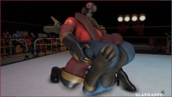 1female 1futa 3d fempyro futanari gas_mask heels high_heel_boots high_heels public_exposure public_humiliation pyro_(team_fortress_2) slaphappy team_fortress_2 wrestling wrestling_ring