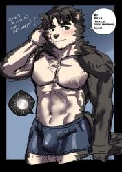 anthro bite_mark bite_mark_on_breast blush brown_body brown_fur canid canine canis clothing dog_operator domestic_dog english_text fur hi_res impregnation internal japanese_text lifewonders live_a_hero male mammal natsunouro nipples ovum pecs pregnant pregnant_male soft_abs solo sperm_cell tan_body tan_fur text underwear