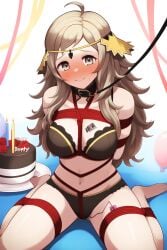 ai_generated barcode barcode_tattoo birthday birthday_gift blonde_hair blush bondage bound cake collar crotch_rope fire_emblem fire_emblem_fates happy leash leash_and_collar lingerie novelai ophelia_(fire_emblem) smile smiling tied_hair tiques vibrator vibrator_in_pussy vibrator_under_panties