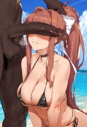 1girls ai_generated beach big_breasts bikini black_bikini breasts brown_hair cock_worship dark-skinned_male dick_on_face doki_doki_literature_club female female_focus female_only green_eyes huge_ass large_breasts light-skinned_female looking_at_viewer monika_(doki_doki_literature_club) penis_awe ponytail