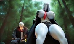 ai_generated big_ass big_breasts blush breasts bursting_breasts creepypasta long_hair looking_down low-angle_view nipple_bulge nipples_visible_through_clothing ponytail sharp_teeth slenderman slenderwoman smile stable_diffusion tight_clothing