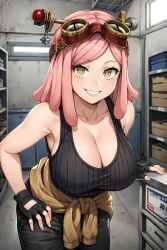 ai_generated big_breasts black_tank_top boku_no_hero_academia breasts cleavage collarbone evodubeai female female_focus female_only green_eyes hatsume_mei large_breasts mei_hatsume my_hero_academia pink_hair solo tank_top yellow_eyes