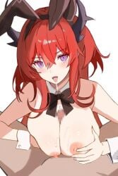 1boy arknights breasts looking_at_viewer male_pov multico nipples paizuri penis purple_eyes red_hair saliva surtr_(arknights)