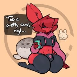 1boy anote_(shulky_bnuuy) bedroom_eyes dialogue drink femboy gay holding_object lagomorph partially_clothed red_fur red_hair shulky_(shulky_bnuuy) shulky_bnuuy simple_background trend twitter