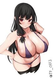 1girls alternate_breast_size alternate_costume bikini black_hair black_thighhighs blush breasts cowboy_shot hair_ribbon isokaze_(kantai_collection) kantai_collection large_breasts legs_together long_hair looking_at_viewer one-hour_drawing_challenge purple_bikini red_eyes ribbon simple_background smile solo standing swimsuit tf_cafe thighhighs twitter_username white_background