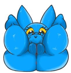 adorabat anthro ass bat belly big_butt black_eyes blue_body cartoon_network female genitals hi_res huge_butt looking_at_viewer lying mammal mao_mao:_heroes_of_pure_heart navel neom-daddy nude on_back plump_labia pussy solo thick_thighs yellow_sclera