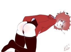 1boy ass ass_up black_panties femboy fukase heterochromia pale_skin red_eyes red_hair red_sclera short_hair smile smile_at_viewer thighhighs thighs vocaloid vocaloid_4