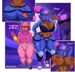 1boy 1girls ass_focus ass_grab big_ass big_breasts big_butt big_hips brawl_stars breast_grab breast_squeeze breasts breasts_out bubble_ass bubble_butt bulge_through_clothing dialogue female femboy femboy_on_female grabbing_from_behind incest majusuco male nipples sandy_(brawl_stars) tara_(brawl_stars) thick_thighs thighs thong