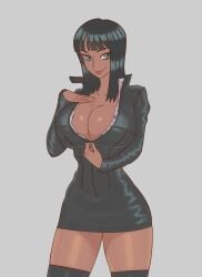 1girls 2knsfw1 big_breasts black_dress black_hair black_thighhighs blue_eyes breasts cleavage clothing female female_only hair huge_breasts legwear looking_at_viewer nico_robin one_piece pre-timeskip smile solo solo_female thick_thighs thighhighs thighs topwear unzipping water_7 zipper zipper_down zipper_pull_tab