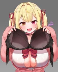 blonde_hair blush bra breasts cardigan cleavage festa11307070 grey_background heterochromia hoshikawa_sara huge_breasts long_hair nijisanji open_cardigan open_clothes pink_cardigan red_eyes shirt twintails underwear upper_body variant_set virtual_youtuber white_shirt yellow_eyes